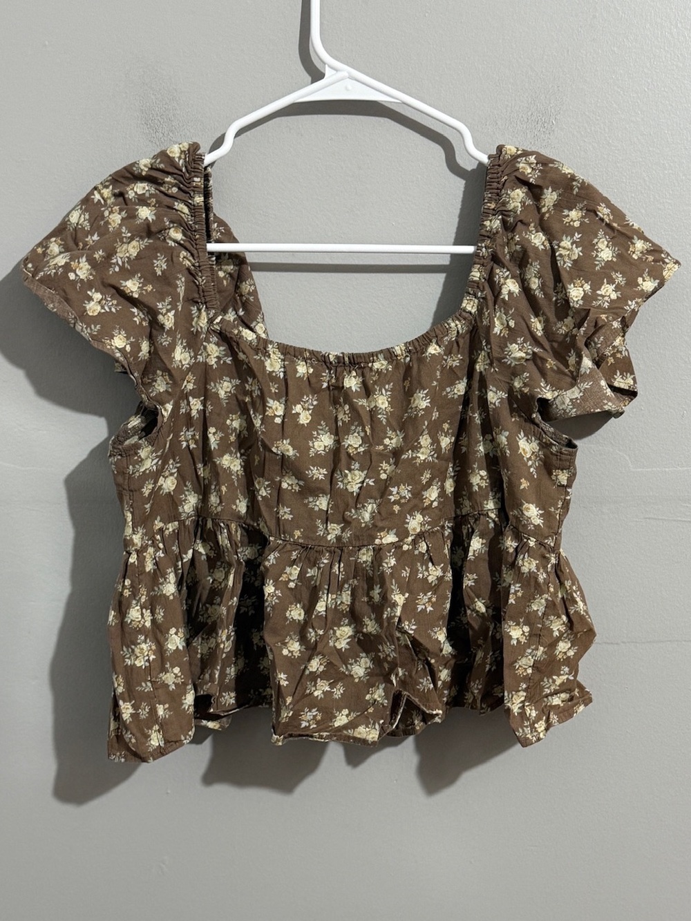 American Eagle Top Women S Brown Floral Peplum Puff Sleeve Tie Front Cottagecore - Picture 4 of 11